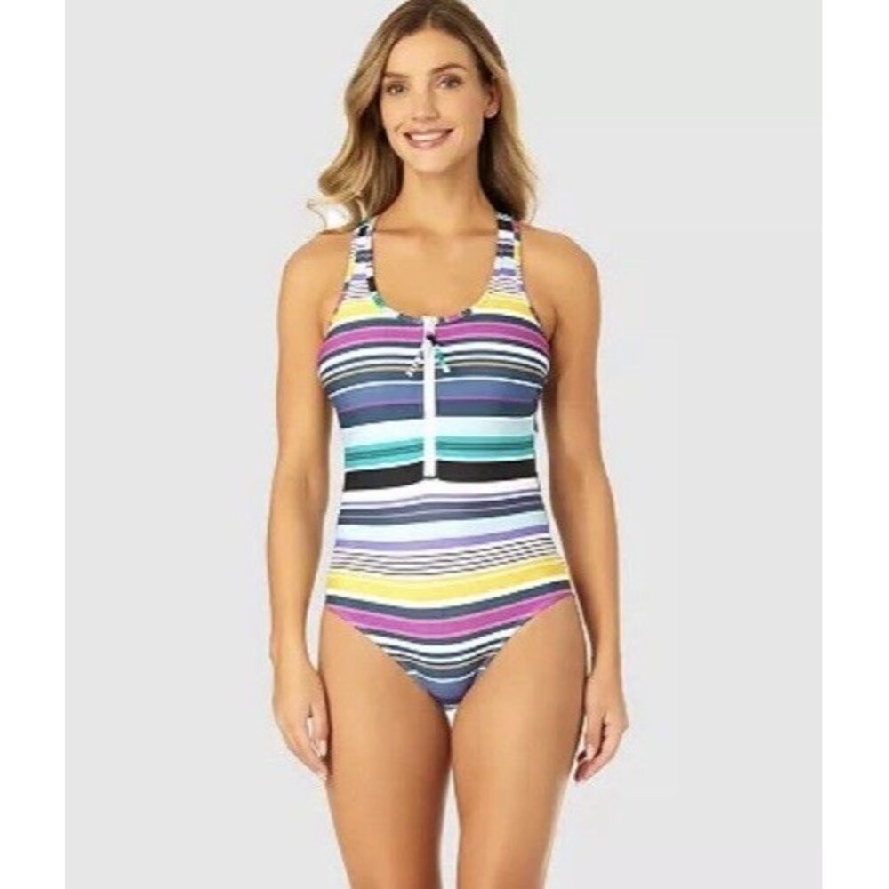 Anne Cole Women’s Barcode Stripe Zip-Front Racerback Swimsuit Size 12 NWT $108